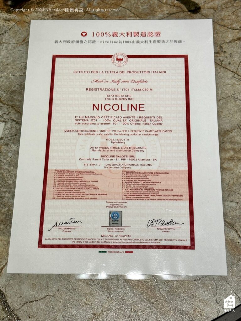 晶華傢俱獨家代理－義大利進口沙發Nicoline證書